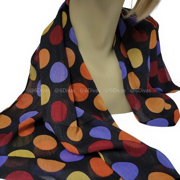 Multicolor Large Polka Dots on Black Background Fashion Scarf - Picture 2 of 5